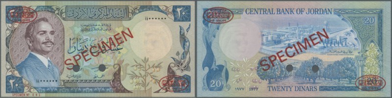 Jordan: 20 Dinars 1977 (1991) Specimen P. 22s. This highly rare specimen banknot...
