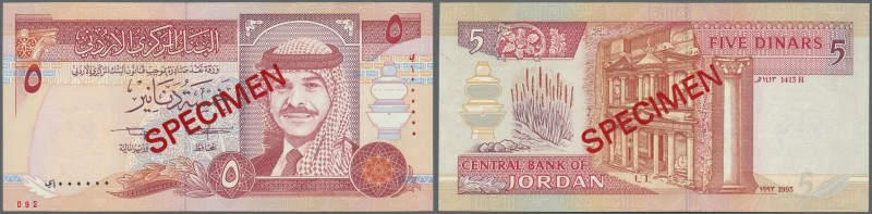 Jordan: 5 Dinars ND Specimen P. 25s with one light dint in paper, condition: aUN...
