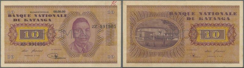 Katanga: 10 Francs 1960 Specimen with regular serial number P. 5s, light folds i...