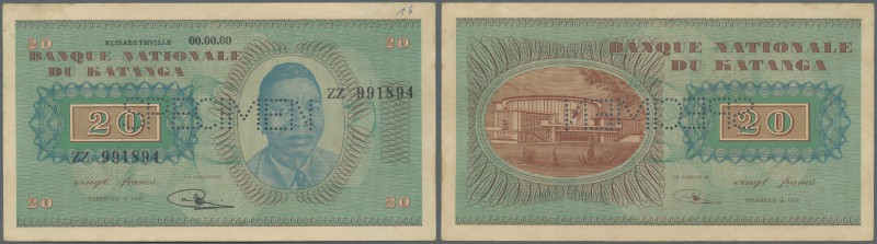 Katanga: 20 Francs 1960 Specimen P. 6s with regular serial number ZZ prefix, in ...