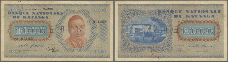 Katanga: 1000 Francs 1960 Specimen with regular serial number P. 10s, used with ...