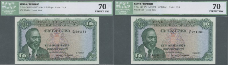 Kenya: Set of 2 CONSECUTIVE notes 10 Shillings 1974 P. 7e, both ICG graded as 70...