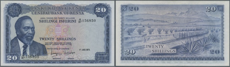 Kenya: 20 Shillings 1973 P. 8d, light, center fold, light creases at upper borde...