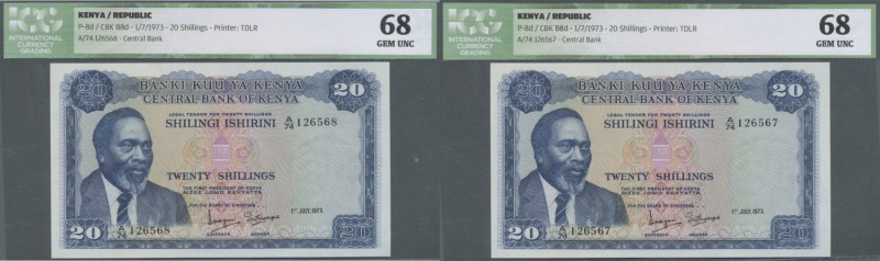 Kenya: Set of 2 notes 20 Shillings 1983 CONSECUTIVE P. 8d, both ICG graded 68 GE...