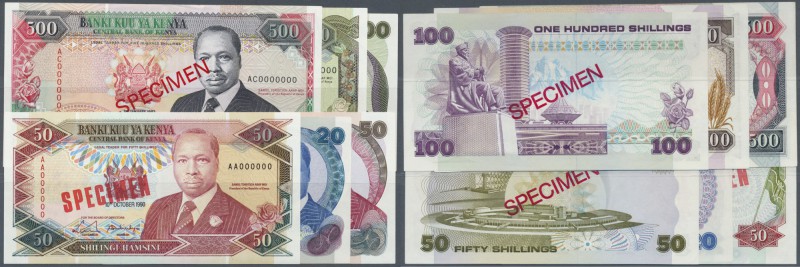 Kenya: set of 6 different specimen banknotes containing 20 Shillings 1981, 50 Sh...