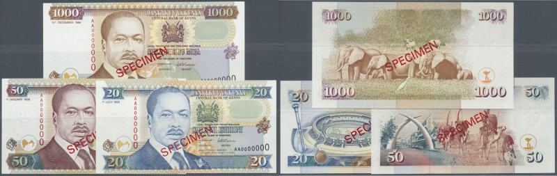 Kenya: set of 3 different SPECIMEN banknotes containing 20 Shillingi 1995 P. 32s...