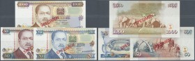Kenya: set of 3 different SPECIMEN banknotes containing 20 Shillingi 1995 P. 32s, 1000 Shillingi 1994 P. 34s and 50 Shillingi 1996 P. 36s, all with ze...