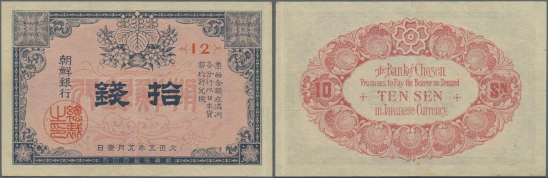 Korea: Bank of Chosen 10 Sen Taisho Year 5 (1916), P.20, vertically folded and a...