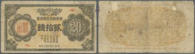 Korea: 20 Sen ND(1919) P. 24, used with several folds and creases, back side stained, center hole, borders a bit worn but no repairs or large damages,...