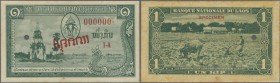 Laos: 5 Kip ND Specimen P. 1s, with red overprint, cancellation holes, zero serial numbers, never folded but stained back from former attachment to pr...