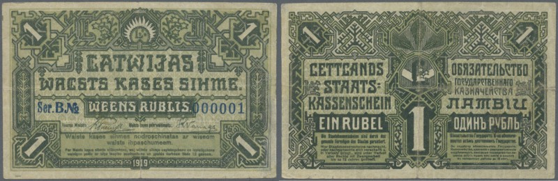 Latvia: UNIQUE banknote of 1 Rublis 1919 P. 2a, issued with series ”B” and seria...