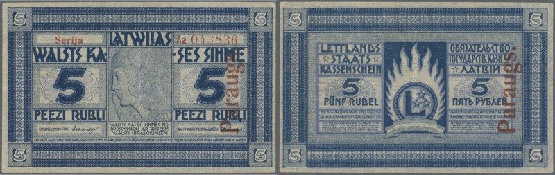 Latvia: Rare SPECIMEN note 5 Rubli 1919 Series ”Aa”, regular serial number, ”PAR...
