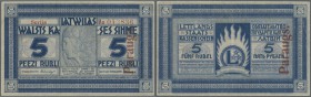Latvia: Rare SPECIMEN note 5 Rubli 1919 Series ”Aa”, regular serial number, ”PARAGUS” overprint in red at right, and on back side, signature Erhards, ...