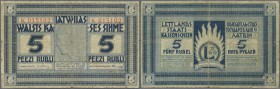 Latvia: 5 Rubli 1919 seldom seen Series ”K”, P. 3f, signature Kalnings, only 25449 notes of that type were issued, this example is used with several f...