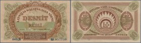 Latvia: 10 Rubli 1919 P. 4b, series ”Bd”, sign. Erhards, Radar number ”057750”, light vertical folds in paper, no holes or tears, paper still crisp, c...