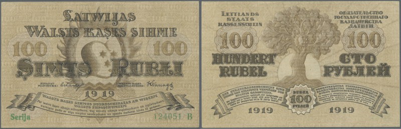 Latvia: 100 Rublis 1919 P. 7a, series ”B”, sign. Erhards, light center fold and ...