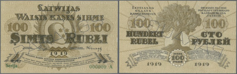 Latvia: Rare SPECIMEN note of 100 Rubli 1919 P. 7a-b,s, series ”A”, sign. Purins...