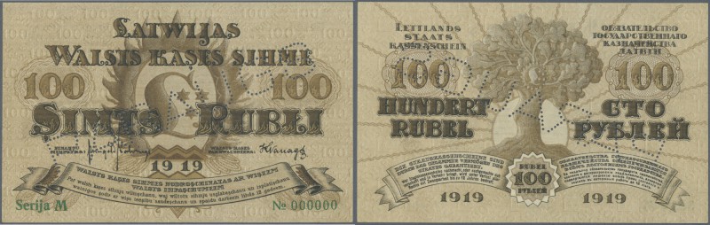 Latvia: 100 Rubli 1919 Specimen P. 7es, series ”M”, zero serial numbers, sign. K...