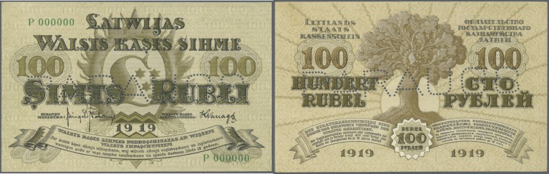 Latvia: 100 Rubli 1919 Specimen P. 7fs, series ”P”, zero serial numbers, front a...