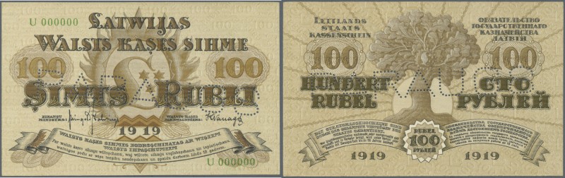 Latvia: 100 Rubli 1919 Specimen P. 7fs, series ”U”, zero serial numbers, front a...