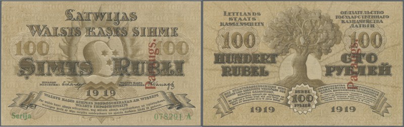 Latvia: Rare SPECIMEN note of 100 Rubli 1919 P. 7s, series ”A”, sign. Erhards, w...