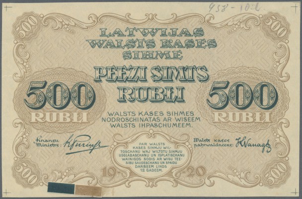 Latvia: Rare PROOF print of 500 Rubli 1920 P. 8p, w/o serial, sign. Purins, unif...