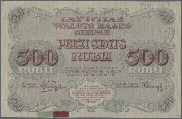 Latvia: Rare PROOF print of 500 Rubli 1920 P. 8p, w/o serial, sign. Purins, unif...