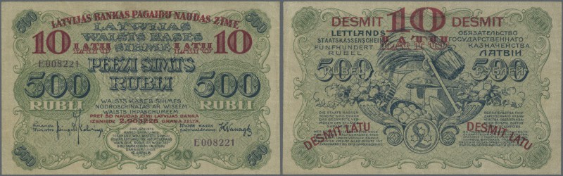 Latvia: 10 Latu on 500 Rubli 1920 P. 13, series ”E”, sign. Kalnings, light cente...