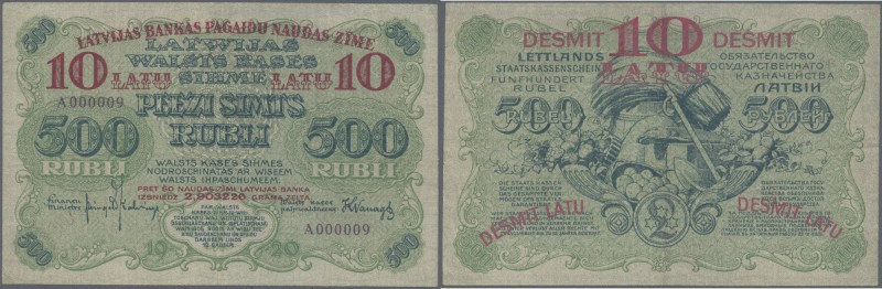 Latvia: 10 Latu on 500 Rubli 1920 P. 13, highly rare with very low serial #A0000...