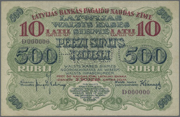 Latvia: Rare SPECIMEN / Proof print of 10 Latu on 500 Rubli 1920 P. 13s/p series...