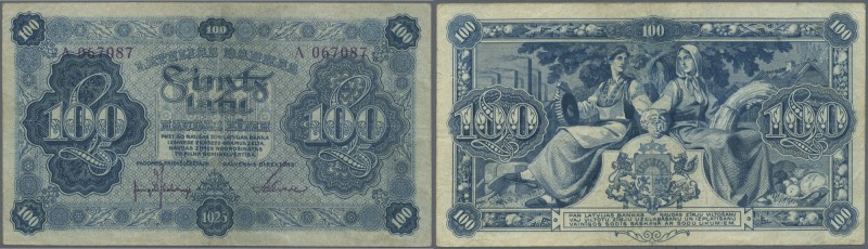 Latvia: 100 Latu 1923 P. 14a, series A, sign. Kalnings, vertically folded, handl...