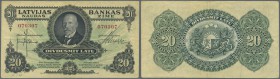 Latvia: 20 Latu 1925 P. 17, sign. Kalnings, radar serial number #70307, used with vertical and horizontal fold, handling in paper, no holes or tears, ...
