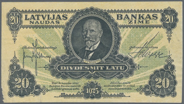 Latvia: 20 Latu 1925, contemporary forgery of P. 17, w/o serial numbers, sign. K...