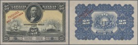 Latvia: 25 Latu 1928 SPECIMEN P. 18s, ovpt. and perforated PARAGUS, 2 cancellation holes, w/o serial, sign. Celms, light dints at left, otherwise perf...
