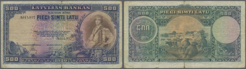 Latvia: 500 Latu 1929, P.19, several folds and creases, lightly stained paper an...