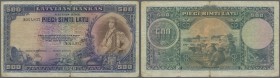 Latvia: 500 Latu 1929, P.19, several folds and creases, lightly stained paper and some tears (2,5 cm at lower margin), Condition: F-