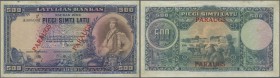 Latvia: 500 Latu 1929 SPECIMEN P. 19s, with latvian Specimen overprint PARAUGS, 2 cancellation holes, serial #A000.000, folds and creases in paper, li...