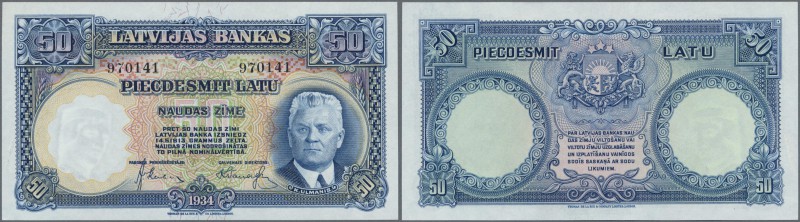 Latvia: 50 Latu 1934 P. 20a, light dint at left, crisp paper, original colors, c...