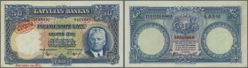 Latvia: 50 Latu 1934 SPECIMEN P. 20s, with zero serial numbers, oval specimen overprint of DE LA RUE, sign. Klive, 2 cancellation holes, one light cen...
