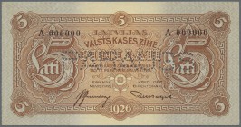 Latvia: Very rare 5 Lati 1926 front SPECIMEN P. 23as, uniface print, series A, zero serial numbers, perforation PARAUGS, sign. Blumbergs, watermark pa...