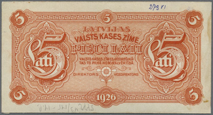 Latvia: Very rare 5 Lati 1926 front Proof uniface print P. 23p, without serial #...