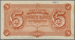 Latvia: Very rare 5 Lati 1926 front Proof uniface print P. 23p, without serial #, w/o sign, printers annotations at top and lower border, orange color...