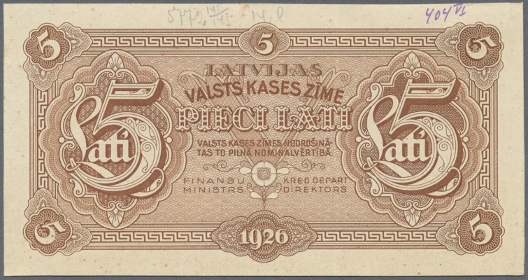 Latvia: Very rare 5 Lati 1926 front Proof uniface print P. 23p, without serial #...