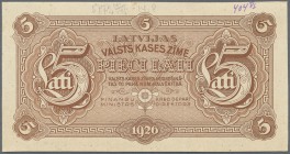 Latvia: Very rare 5 Lati 1926 front Proof uniface print P. 23p, without serial #, w/o sign, printers annotations at top border, brown color, mounted o...