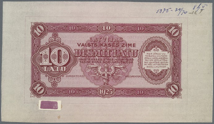 Latvia: Rare uniface front PROOF print of 10 Latu 1925 P. 24p in red color on un...