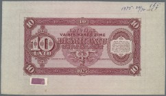 Latvia: Rare uniface front PROOF print of 10 Latu 1925 P. 24p in red color on unwatermarked paper with mounting traces on back side, rare archival ite...