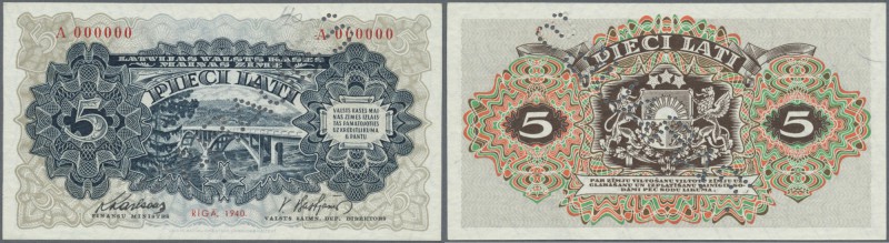 Latvia: 5 Lati 1940 SPECIMEN P. 34as, Latvian Govenment Exchange Note, series A,...