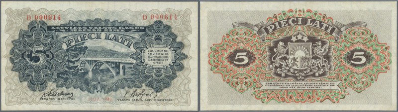 Latvia: 5 Lati 1940 P. 34a, Latvian Govenment Exchange Note, series D, low seria...