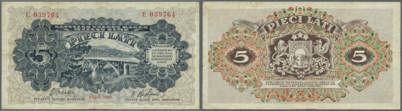 Latvia: 5 Lati 1940 P. 34c, used with several folds, a 4mm tear at lower border,...