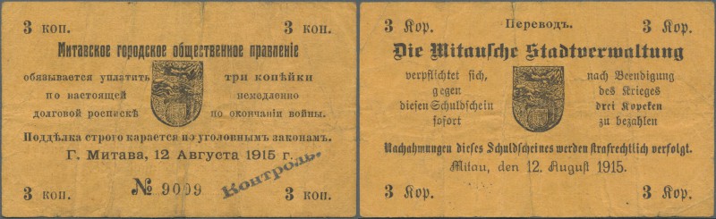 Latvia: Mitau 3 Kopeks 1915 Plb. 2 in used condition with several folds, minor b...